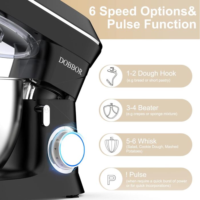 Кухонна машина 9.5л з планетарним міксером, 1500W, DOBBOR, з набором насадок (міксер, гак для тіста, вінчик), захист від бризок, 7 швидкостей, чорний колір