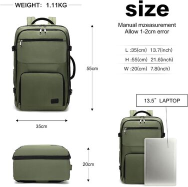 KONO Рюкзак для ручної поклажі в літак, великий, водонепроникний, 55 x 35 x 20 см, 38L, зелений