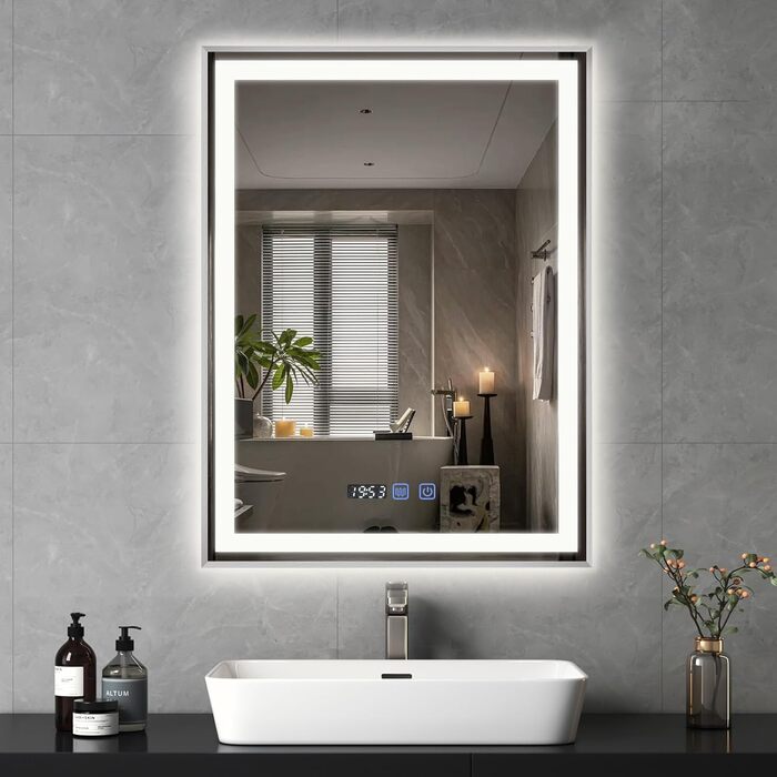 Дзеркало для ванної кімнати YOURLITE з підсвічуванням, 85x55 см, LED, сенсорне керування, 3 кольори світла, регулювання яскравості, антизапар, горизонтальне/вертикальне, IP44, білий (срібний, 80x60 см)