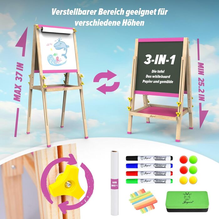 Мольберт для малювання Joyooss для дітей, регульований дерев'яний мольберт для малювання, двосторонній, сухий маркер, з аксесуарами для малювання, подарунок та канцтовари для дітей 4-8 років (РОЖЕВИЙ) 106PINK