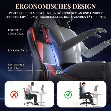Ігровий крісло Bigzzia з масажем та підставкою для ніг, ергономічне, регульована спинка 90-135°, з подушками для голови та попереку (Червоний)