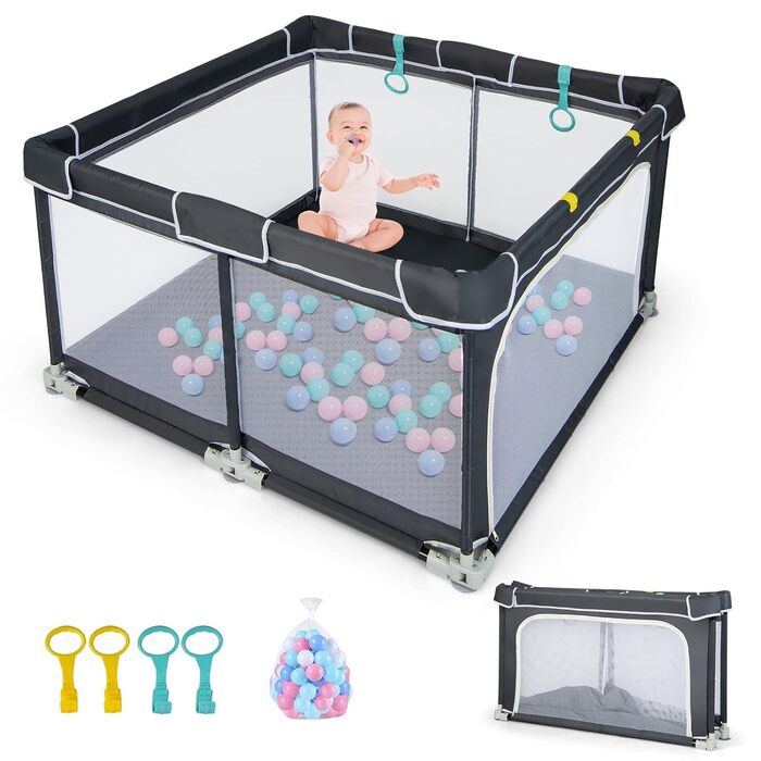 Манеж DREAMADE Baby, складний манеж 120 x 120 см з дверцятами та 50 ігровими м'ячами та кільцем, захисні ворота з дихаючою сіткою та блискавкою (темно-сірий, модель 2)