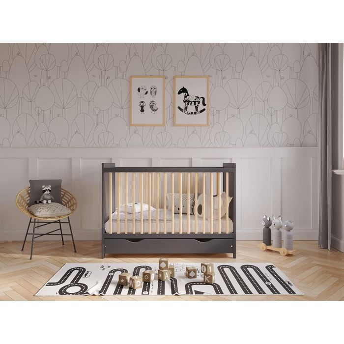 Дитяче ліжечко Love For Sleep з шухлядою та матрацом алое вера 120 x 60 см, бар'єр безпеки, прикусні шини антрацит/сосна