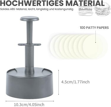 Прес для бургерів Bugucat, прес для гамбургерів, аксесуари для барбекю, можна мити в посудомийній машині, 100 папірців для котлет (сірий)