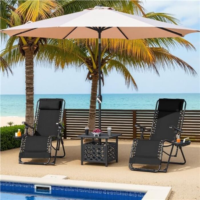 Розкішна розкладна шезлонг Yaheetech для саду, балкону та пляжу з подушкою та тримачем для напоїв (Чорний)