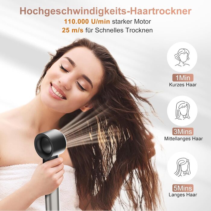 Аеростайлер 6 в 1, Іонний фен, Багатофункціональний Hairstyler, 110000 об/хв, Професійна щітка з теплим повітрям, Плойка автоматична, Випрямляч, Для Укладання, Об'єму, Завивка та Випрямлення Срібло