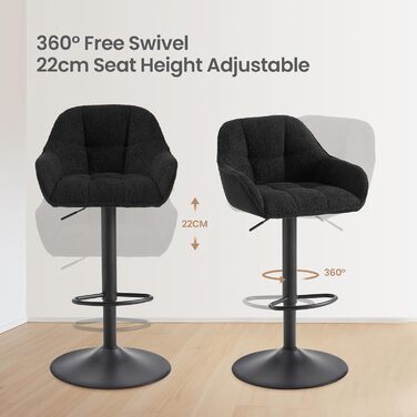 Набір з 2 барних стільців WOLTU, регульована висота, з підніжкою, обертаються, з м'яким сидінням, чорний, метал, Chenille Cord