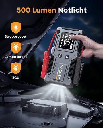 Powerbank Starthilfe 6000A: Зарядний пристрій для автомобіля 12V (до 9L бензин, 7L дизель) з кабелем, LED-лампою та дисплеєм – для SUV, мотоциклів, газонокосарок