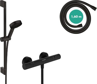 Змішувач Hansgrohe Ecostat Fine - n Aufputz з термостатом (SafetyStop 40°C) для 2 споживачів (чорний мат), комплект з водозберігаючим душем та стійкою 65 см