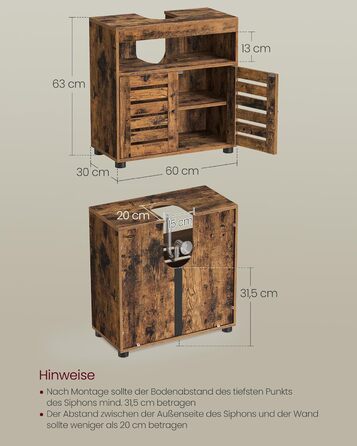 Підставка під раковину VASAGLE, шафка для ванної кімнати, 60 x 30 x 63 см, шафка для ванної, комод для зберігання з 2 дверцятами-решітками, з регульованою полицею, вінтажний коричневий BBK04BX