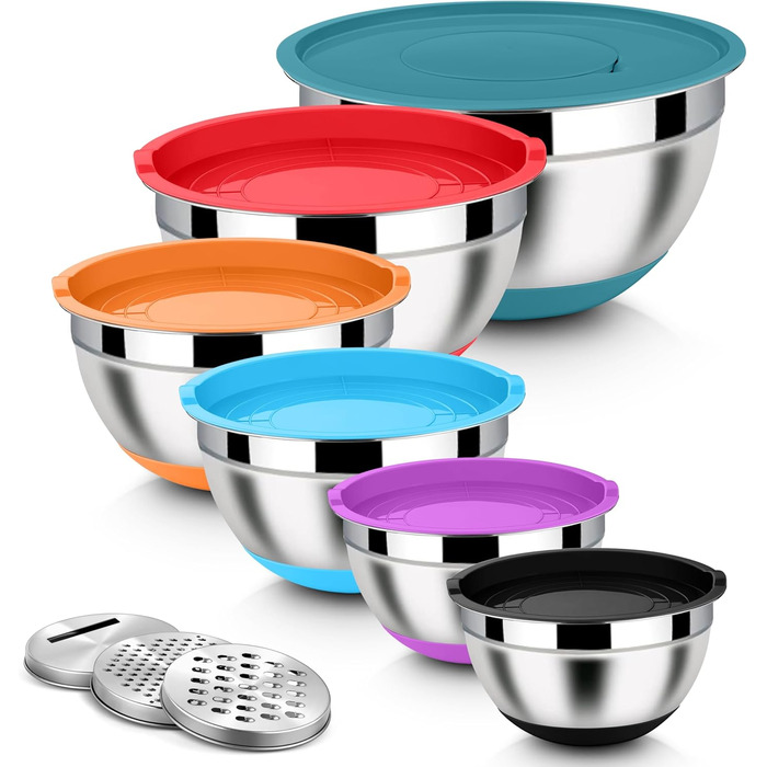 Набір місок Homikit з нержавіючої сталі, 6 шт. з тертками, кришками та силіконовим дном, 4.6/2.8/2.5/1.6/1.2/0.7 л, багатобарвний