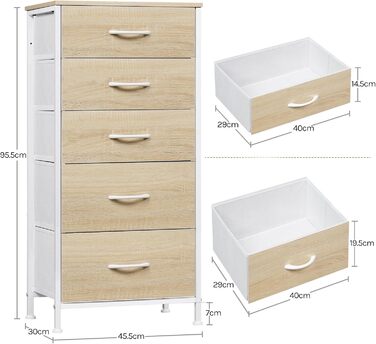 Комод WOLTU з 5 висувними ящиками з тканини, шафа-комод, тумбочка, для спальні, вітальні, передпокою, з металевим каркасом та ДСП, світлий дуб + білий, SSK004whe
