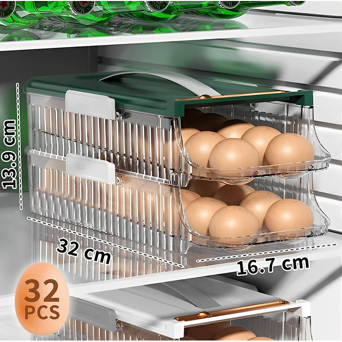 Контейнер для яєць utosday для холодильника, органайзер для яєць з ручкою, що складається прозорий холодильник для зберігання яєць, протиковзкий підлоговий ящик для зберігання яєць (зелений, 2-поверховий)