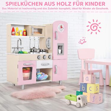 Дерев'яна дитяча кухня Mamizо з аксесуарами, 81x74x30 см, світло та звук, для дітей від 3 років, біло-рожева
