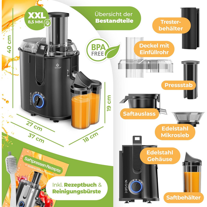 KESSER® Електрична центрифужна соковитискачка для фруктів та овочів з нержавіючої сталі, 1100W, велика завантажувальна воронка, 3 швидкості, сірий/сріблястий (чорний)