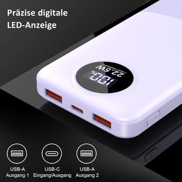 Порти, LED, для iOS/Android, фіолетовий, 10000mAh, 22.5W PD QC 3.0, USB-C, 3