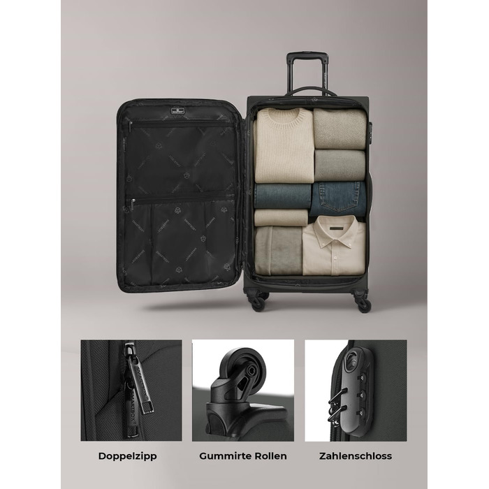 Набір валізак Smartbox (3 шт.) для жінок та чоловіків | Легкі та міцні валізи-ролери, розширювані, з кодовим замком, 4 колеса, чорний колір