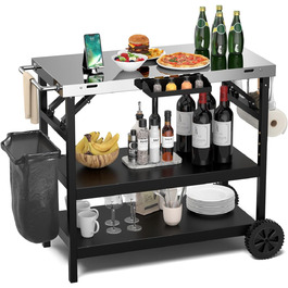 Гриль-возна коляска KOMFOTTEU: складаний гриль-стіл з нержавіючою сталею, мобільний гриль на коліщатках з регульованою полицею, тримач для телефону та рушника, чорний