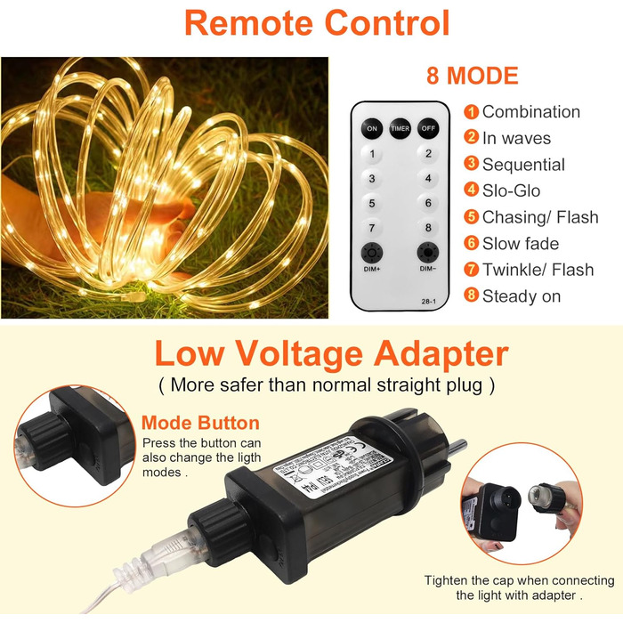 Світлодіодних мотузкових ліхтарів, 23 м на вулиці теплий білий з дистанційним керуванням, 8 режимів для Різдва, 200