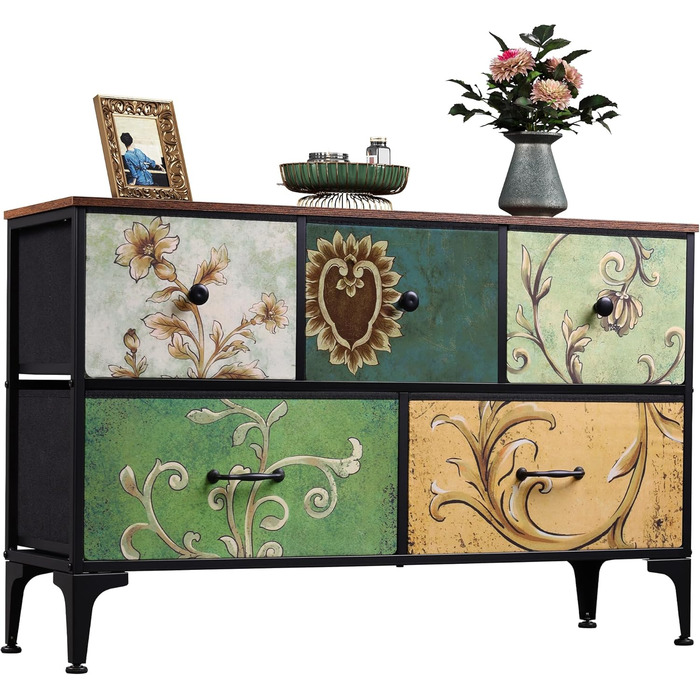 Комод WLIVE з 5 висувними ящиками з тканини, шафа для спальні, комод у вітальню, зі сталевим каркасом, богемний стиль, 29.8T x 100B x 63.7H см (5 ящиків), зелений