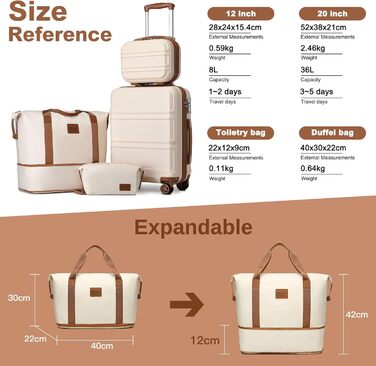 Набір валіз KONO 6-ти частинний: велика валіза, середній кофр, ручна сумка, косметичка. Колір: білий/коричневий
