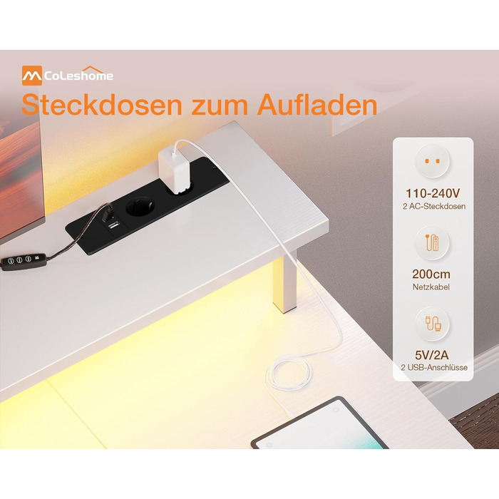 Ігровий стіл Coleshome з LED-підсвічуванням, комп'ютерний стіл з 2 розетками та 2 USB-портами, стіл для геймінгу з підставкою для монітора та місцем для зберігання, для дому та офісу (білий, 120x50 см)