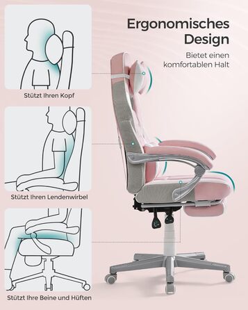 Офісне крісло SONGMICS, ігрове крісло, регульоване, підставка для ніг, гойдалковий механізм, підголівник, 150 кг, рожевий/білий