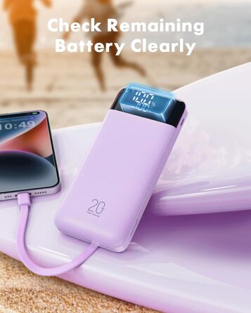 Кабелі, LED-дисплей, 6 виходів, сумісний з iPhone/Huawei/Samsung, фіолетовий, 20000mAh, USB C, 4