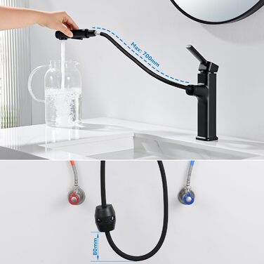 Чорний змішувач для ванної кімнати з висувною лійкою, однорегуляторний, для холодної та гарячої води