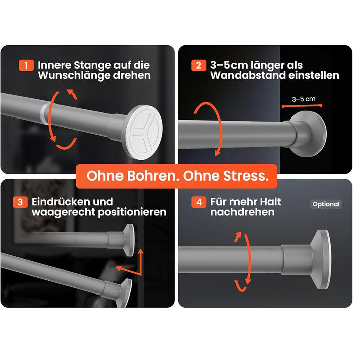 Телескопічна штанга для кріплення 260-310 см, Ø 25 мм, багатофункціональна штанга без свердління. Підходить для карнизів, штор, душових завіс, ванних кімнат та балконів (70-120 см, сіра)