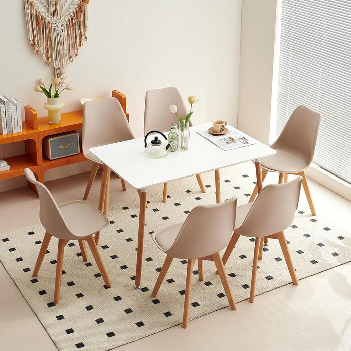 Елегантний обідній стіл з 4 стільцями - комплект для вітальні, кухні, офісу (білий стіл + 4 світло-хакі стільці)
