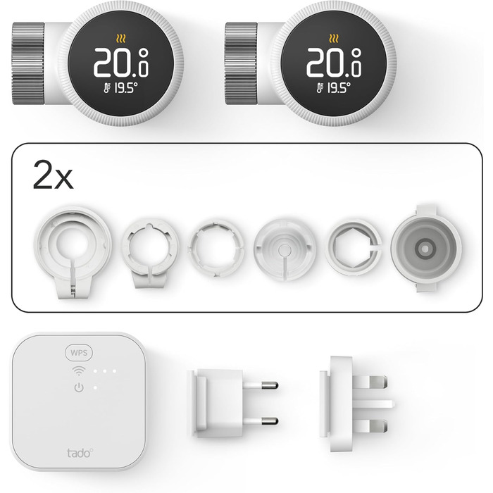 tado Smartes Heizkörperthermostat X – Стартовий набір з мостом X, керування опаленням через додаток та голосових помічників (Alexa, Siri, Google Assistant), енергозбереження, DIY встановлення. Набір: 2 термостати на радіатор