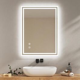 Дзеркало для ванної кімнати EMKE з підсвіткою 50x60 см, антизапарник, холодний білий, диммування, сенсорне управління, функція пам'яті, автоматичне вимкнення через 3 години, IP44, енергозберігаюче (90x70 см)