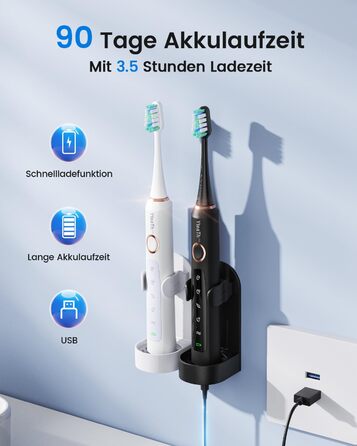 Електрична зубна щітка для дорослих та дітей - звукова, 8 насадок (3 типи), 90 днів роботи, 5 режимів, 50000 VPM, кейс для подорожей, таймер (Чорний + Білий)