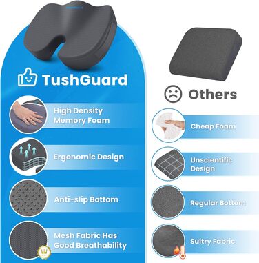 Подушка для сидіння TushGuard: для офісного крісла, авто, з Memory Foam, протиковзка, сіра, велика