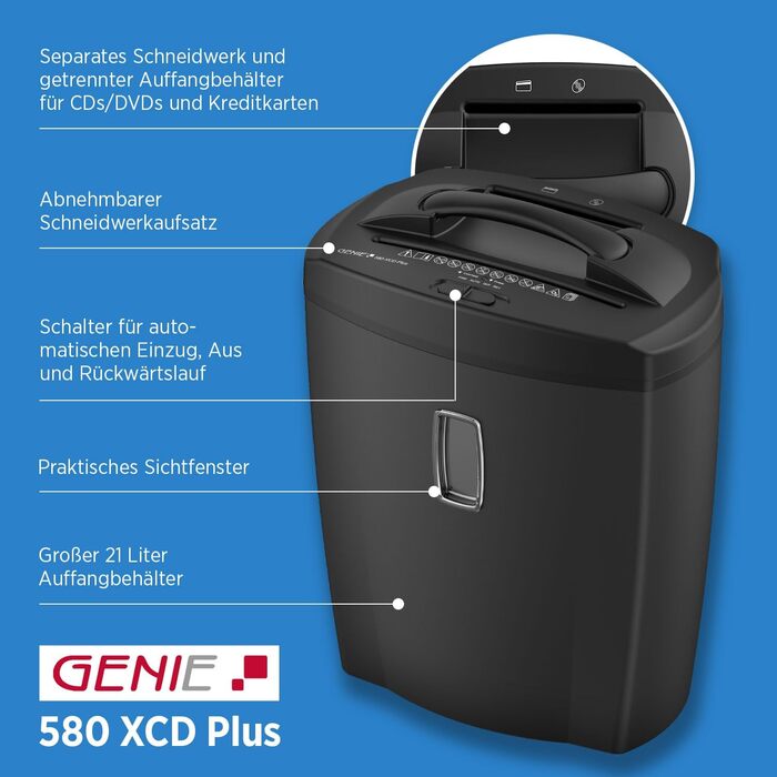 Шредер Genie 580XCD Plus: знищення документів, CD/DVD, карт, P-4, 21 л, чорний