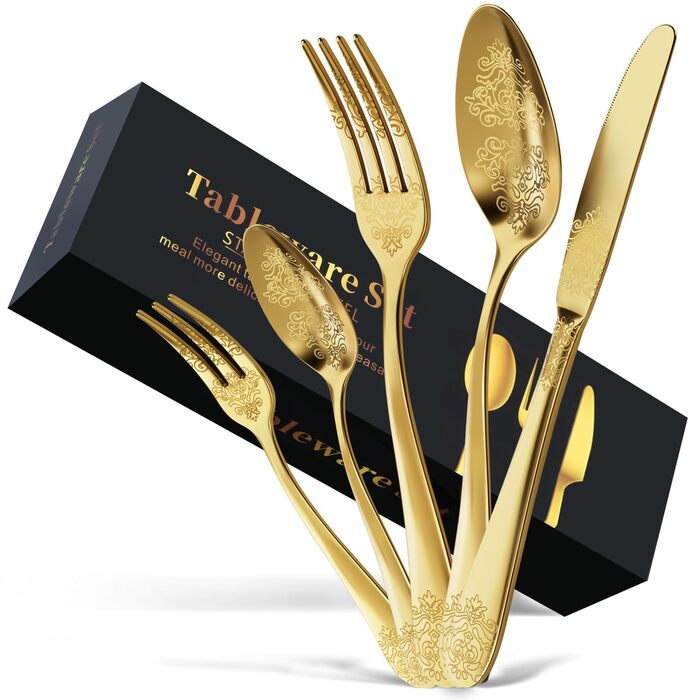 Набір столових приборів DRAGON RIOT Gold 30 предметів, нержавіюча сталь, для 6 осіб, з ножем, виделкою, ложкою. Підходить для дому, ресторану, вечірки.