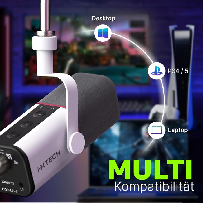 IXTECH Динамічний мікрофон із кардіоїдною діаграмою, RGB підсвітка, USB/XLR, для співу, подкастів, стрімінгу, запису, ігор та озвучування, білий