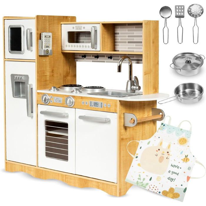 Дерев'яна дитяча кухня Mamabrum з LED-підсвічуванням та аксесуарами - 15 частин. Комплект: плита, духовка, мікрохвильова піч, холодильник, кран та іграшкова кухонна утвар для дітей