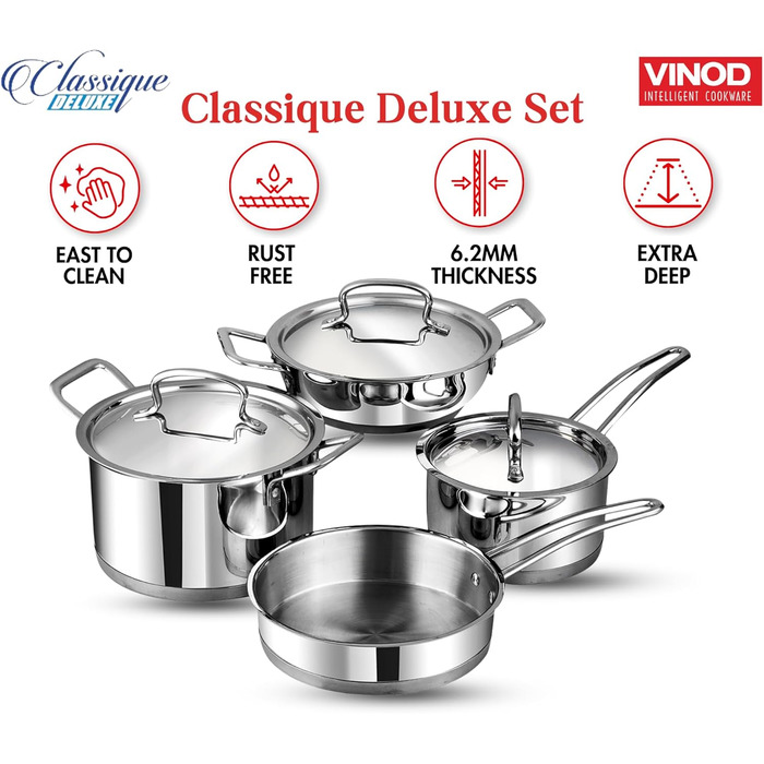 Набір кухонного посуду Vinod Classique Deluxe з нержавіючої сталі, 7 предметів: казан, сковорода, каструля з ручкою, соусник, кухонні аксесуари, індукційне дно, 2 роки гарантії