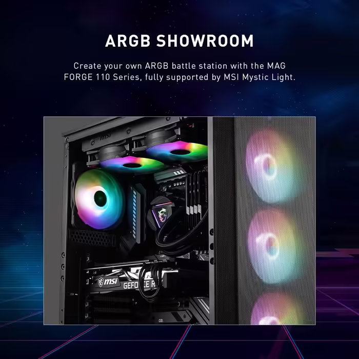 Ігровий корпус MSI MAG Forge 112R, середній форм-фактор, скляна бокова панель, 4 aRGB вентилятори 120 мм, підтримка водяного охолодження 240 мм