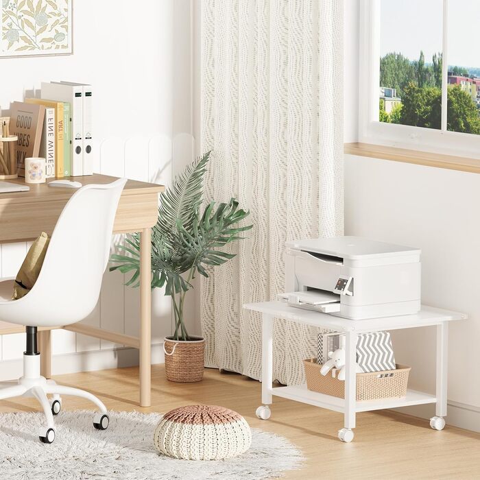 Стіл для принтера LELELINKY з колесами, мобільний двоярусний стійка для принтера, білий, 52.5 x 40 x 36 см