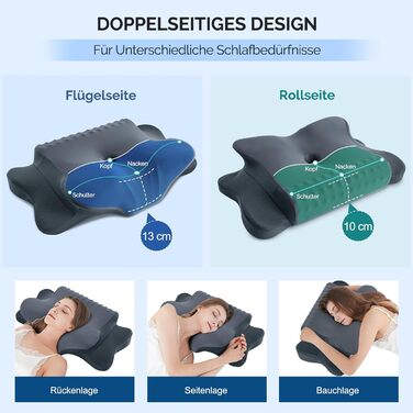 Подушка для шиї з піною з пам'яті, ергономічна подушка для сну, подушка для підтримки шиї для тих, хто спить на боці, спині та животі, сіро-білий колір (темно-сірий, 64 x 39 x 13 см)