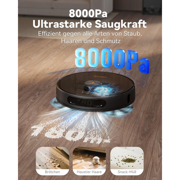 Робот-пилосос Tesvor S8 Pro з функцією миття - 8000Pa, 3в1, LiDAR-навігація, 240 хв роботи, керування через додаток/Alexa, для шерсті тварин, килимів та твердих підлог