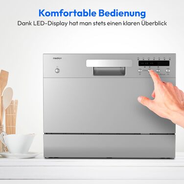 Посудомийна машина MEDION DWT60, 6 комплектів, 7 програм, ECO, AquaStop, LED дисплей, захист від дітей, срібна