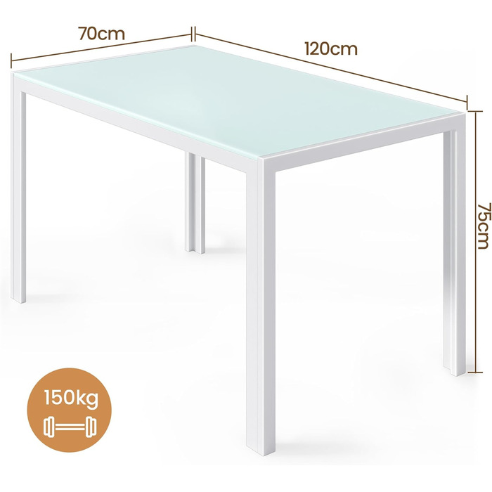 Стіл Bealife з загартованого скла, 120x70x75 см, білий. Сучасний кухонний стіл з металевим каркасом, стійкий до подряпин та тепла. Для кухні, вітальні, їдальні або кавової зони, home office.
