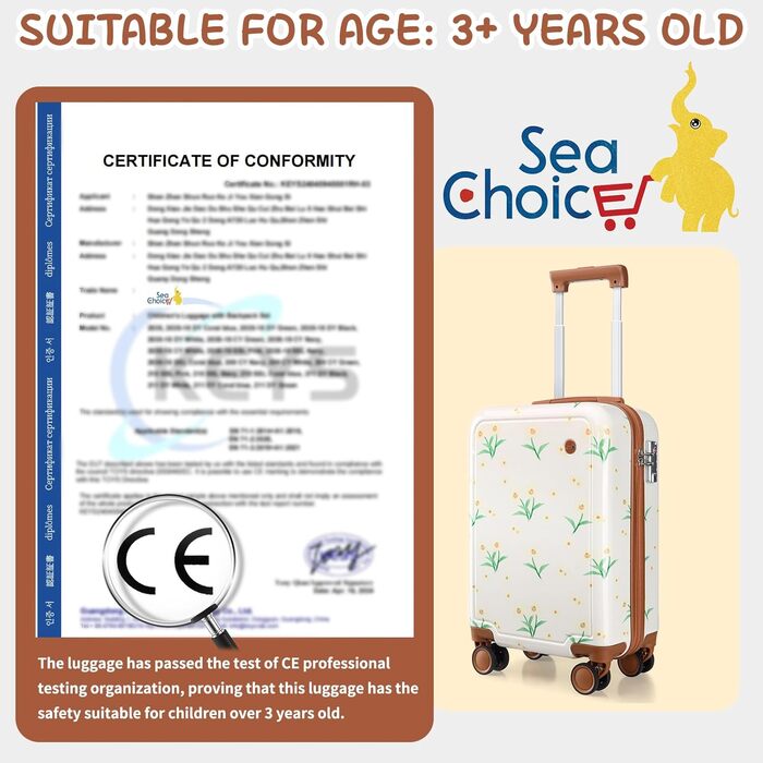 Набір дитячих валіз Sea choice легкий, тверда оболонка, 4 колеса, TSA, YKK, 53x34x21см (Daisy White)