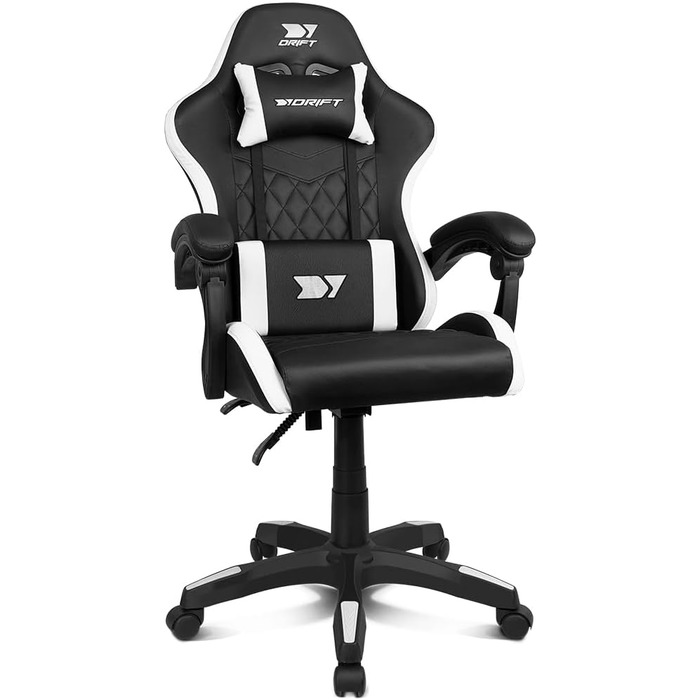 Ігровий крісло DRIFT GAMING DR35 – професійне, зі штучною шкірою, підлокітники з м'якою підкладкою, газліфт 3 класу, посилена база з нейлону, регульований нахил, регульована висота, подушки для попереку та шиї, чорно-сірий колір (Dr35 White)