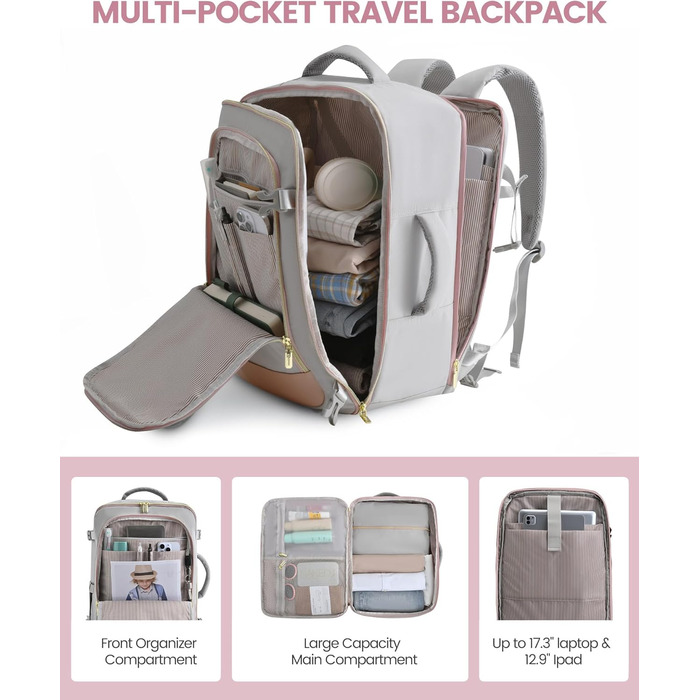 LOVEVOOK Рюкзак для ручної поклажі, жіночий/чоловічий, 40L, водонепроникний, з відділенням для взуття, 17 дюймів для ноутбука, сірий+рожевий+бежевий