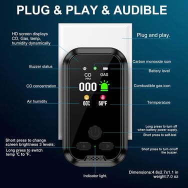 Датчик газу та CO з розеткою для дому: детектор CO та газу, газовий детектор для будинку, виявлення витоку газу (природний газ, LPG, метан, пропан, бутан), білий, HD11-CG-NEW